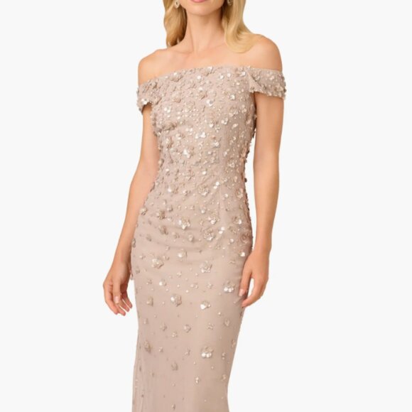 Adrianna Papell - Off the Shoulder Beaded Column Gown - Picture 1 of 4